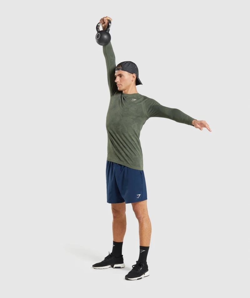 Men's Gymshark Geo Seamless Long Sleeve T-Shirts Olive | CA 810D75